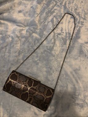 Chain Strap Snake-Print Clutch in Brown